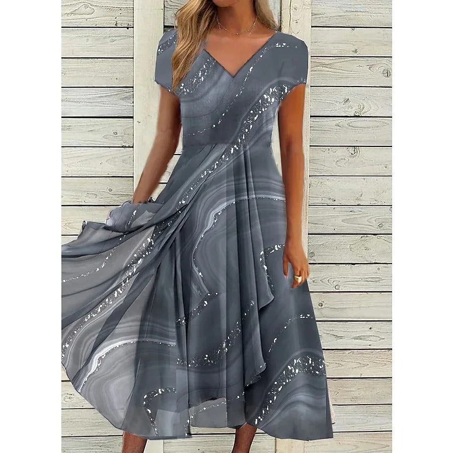 Elegant Marble Sequin Midi Dress for Women with V Neck Cap Sleeve Asymmetric Draped Ruffle Cocktail Style