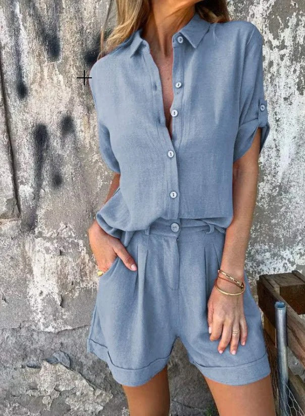 Effortless Linen Two Piece Set for Women with Collar Button Front Half Sleeve Pleated Shorts Casual Style
