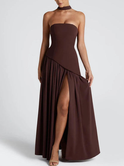 Elegant Draped Maxi Dress for Women with Strapless Scarf Neck Asymmetrical High Slit Column Style