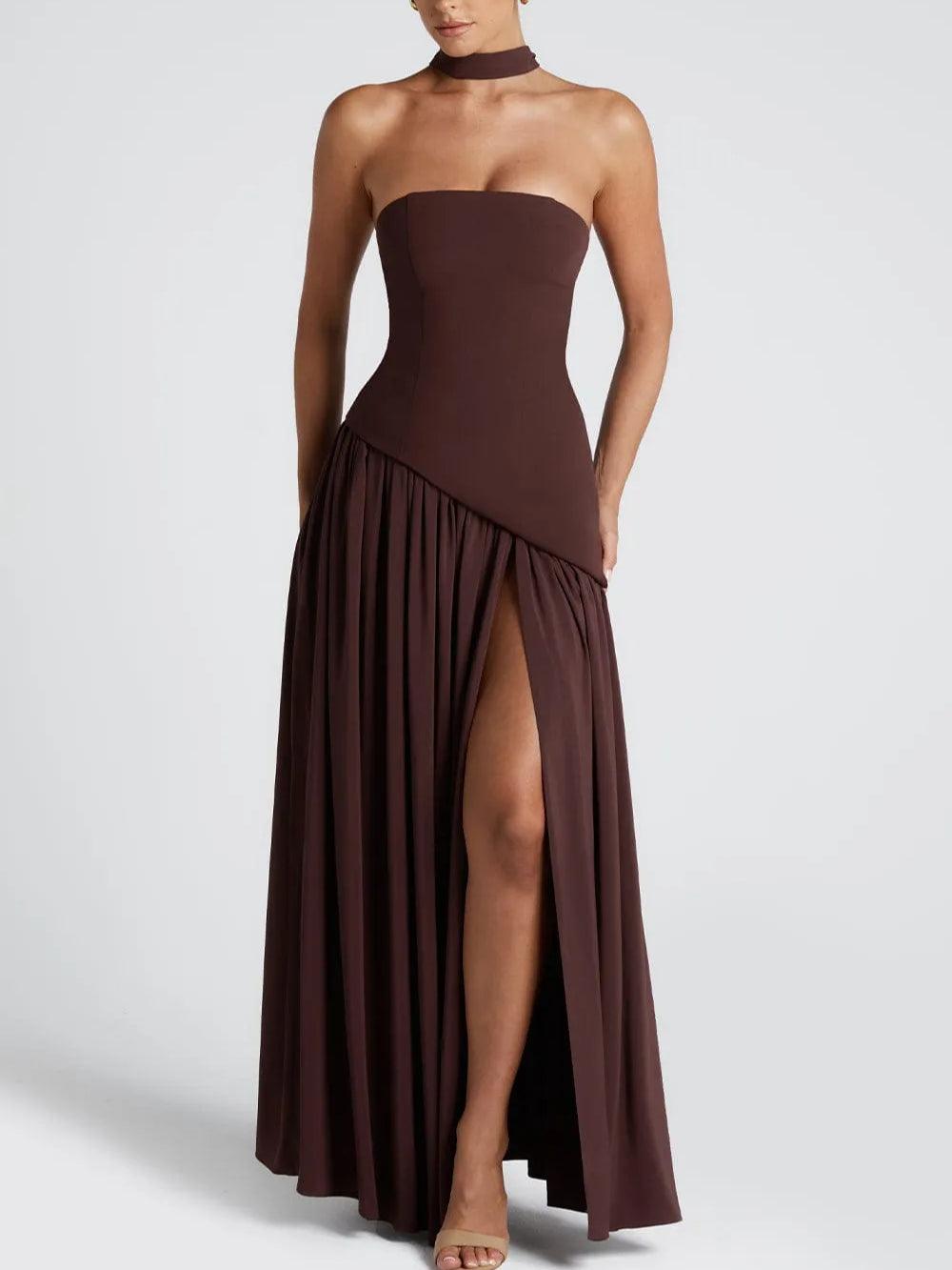 Elegant Draped Maxi Dress for Women with Strapless Scarf Neck Asymmetrical High Slit Column Style