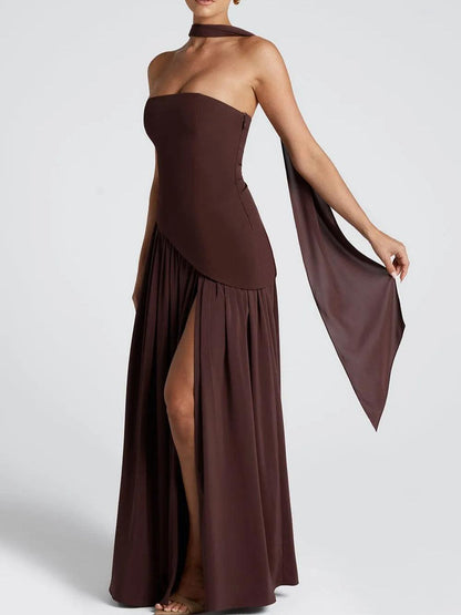 Elegant Draped Maxi Dress for Women with Strapless Scarf Neck Asymmetrical High Slit Column Style