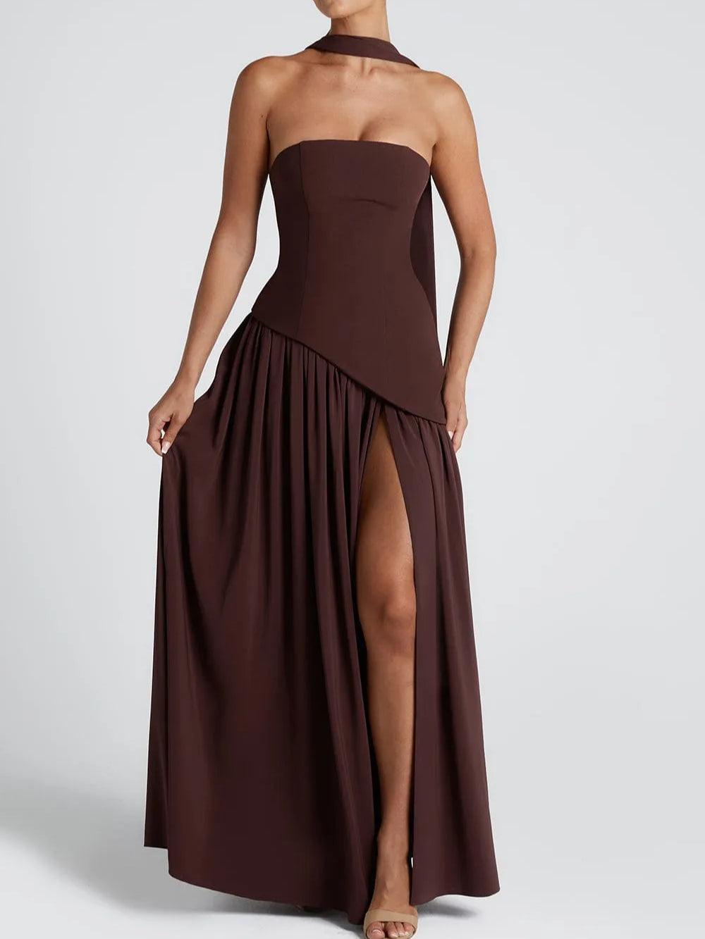 Elegant Draped Maxi Dress for Women with Strapless Scarf Neck Asymmetrical High Slit Column Style