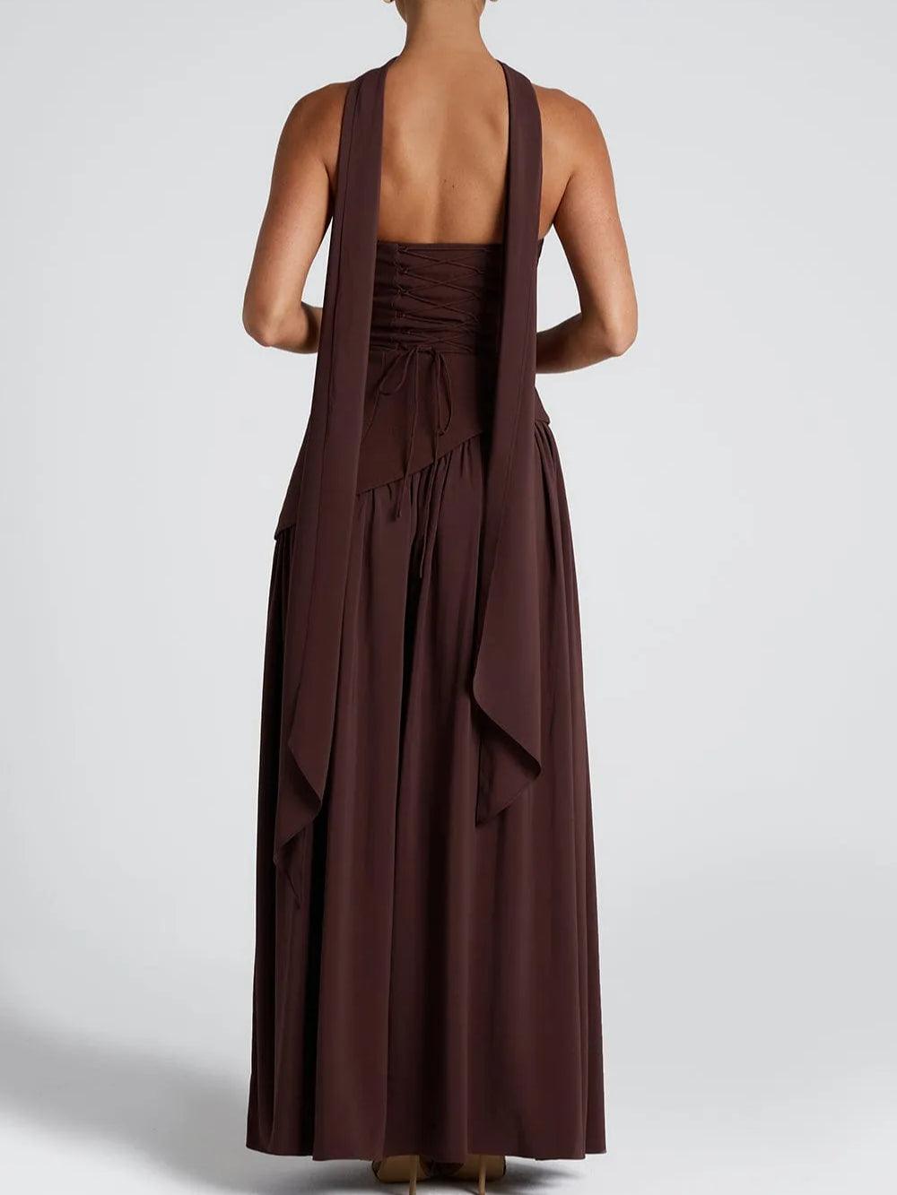 Elegant Draped Maxi Dress for Women with Strapless Scarf Neck Asymmetrical High Slit Column Style