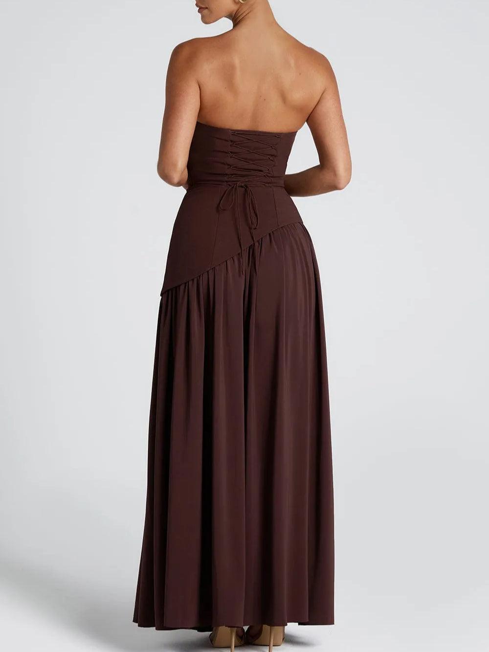 Elegant Draped Maxi Dress for Women with Strapless Scarf Neck Asymmetrical High Slit Column Style
