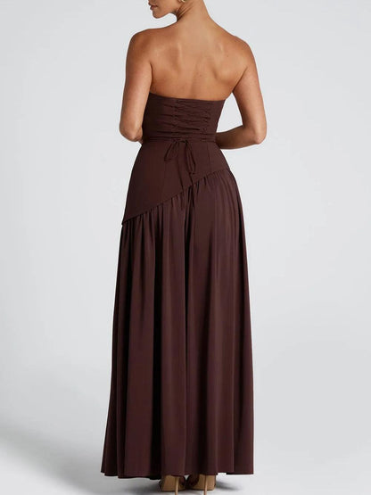 Elegant Draped Maxi Dress for Women with Strapless Scarf Neck Asymmetrical High Slit Column Style