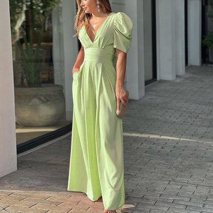 Elegant Wide Leg Jumpsuit for Women with V Neck Puff Sleeve Belted Flowing Style