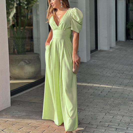 Elegant Wide Leg Jumpsuit for Women with V Neck Puff Sleeve Belted Flowing Style