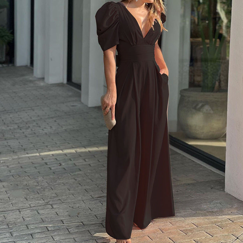 Elegant Wide Leg Jumpsuit for Women with V Neck Puff Sleeve Belted Flowing Style