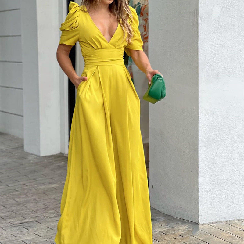 Elegant Wide Leg Jumpsuit for Women with V Neck Puff Sleeve Belted Flowing Style