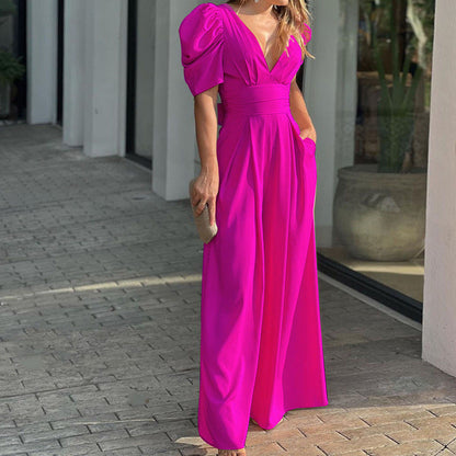 Elegant Wide Leg Jumpsuit for Women with V Neck Puff Sleeve Belted Flowing Style
