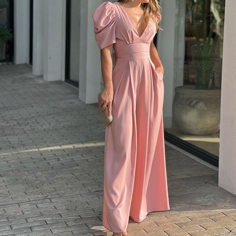 Elegant Wide Leg Jumpsuit for Women with V Neck Puff Sleeve Belted Flowing Style