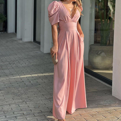 Elegant Wide Leg Jumpsuit for Women with V Neck Puff Sleeve Belted Flowing Style