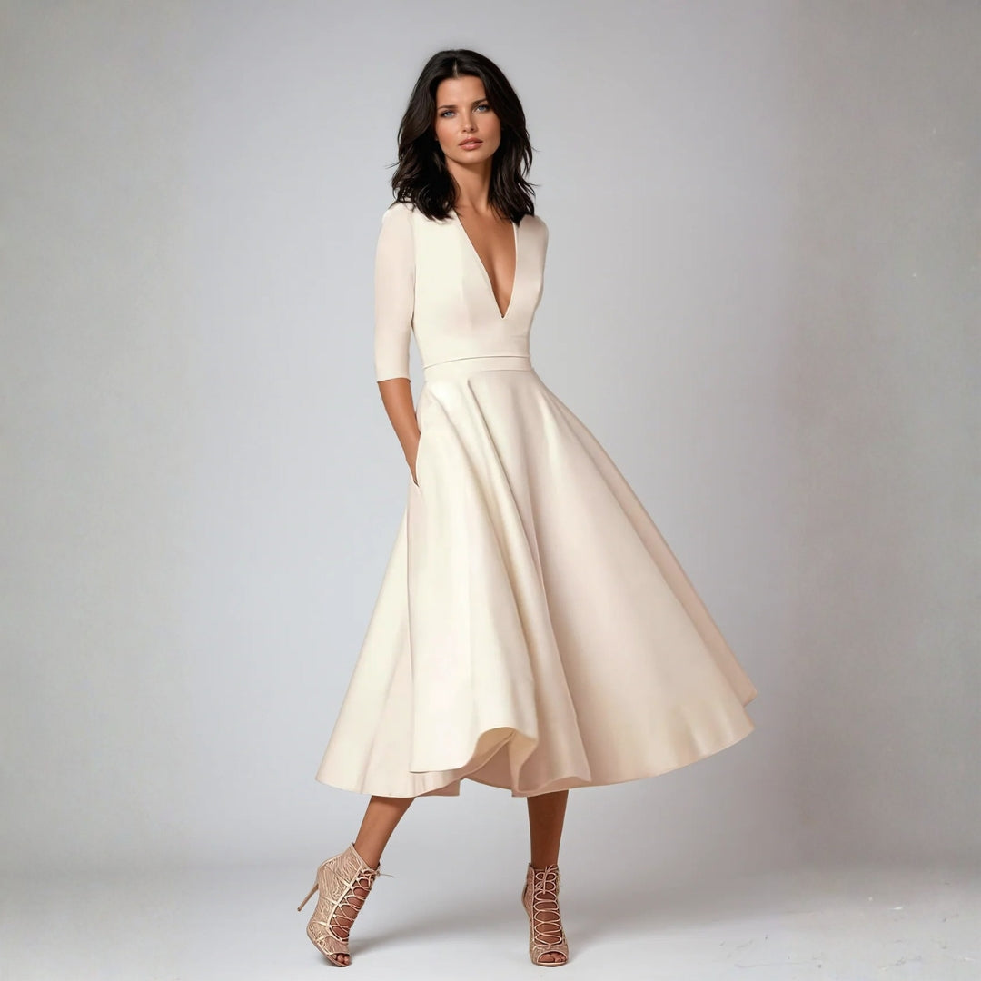 Elegant White Satin Midi Dress for Women with V Neck Elbow Sleeve Fit and Flare Wedding Guest Style