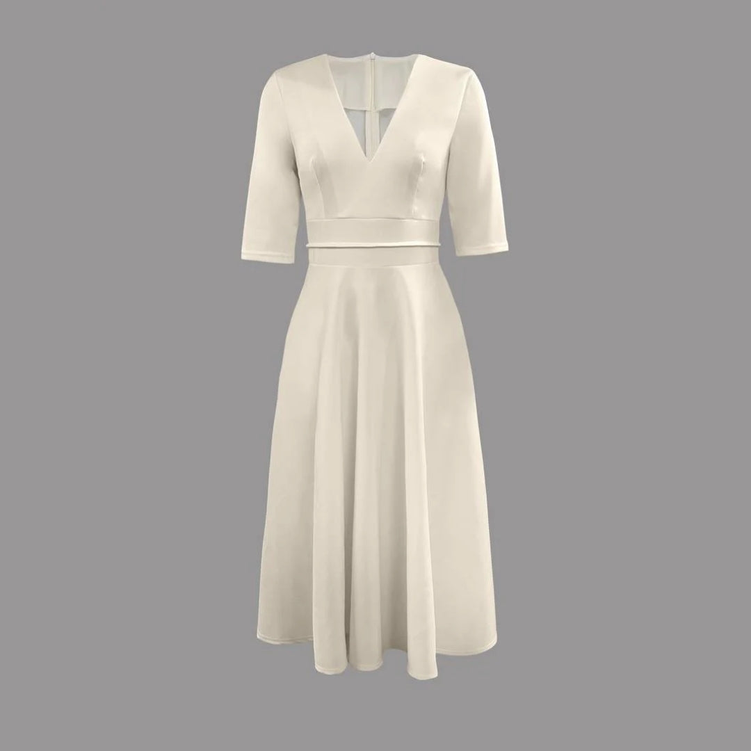 Elegant White Satin Midi Dress for Women with V Neck Elbow Sleeve Fit and Flare Wedding Guest Style