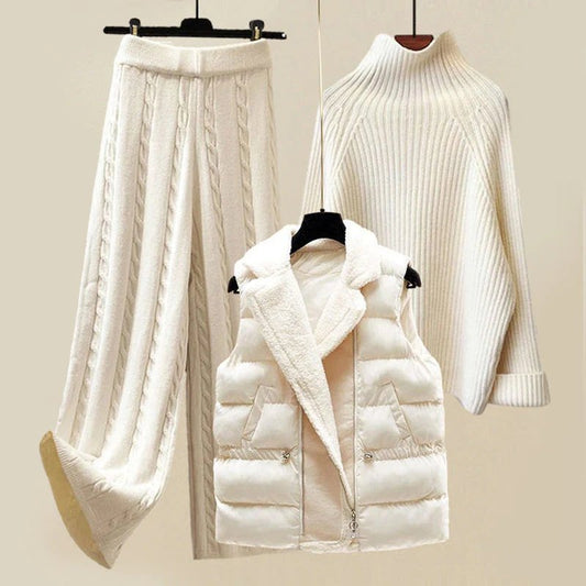 Elegant White Three Piece Set for Women with Turtleneck Sweater Sherpa Vest Wide Leg Pant Knit Style