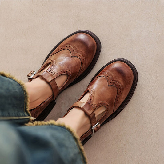 Elegant Leather Mary Jane Shoes for Women with T Strap Buckle Wingtip Platform Vintage Style