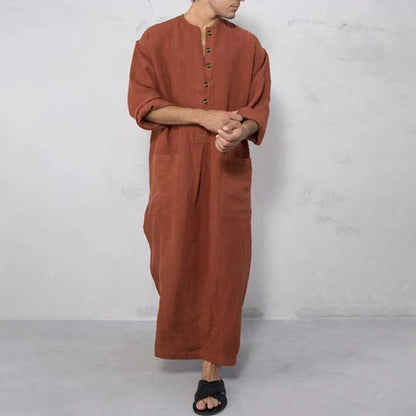 Effortless Linen Kaftan Robe for Women with Stand Collar Long Sleeve Button Front Relaxed Style