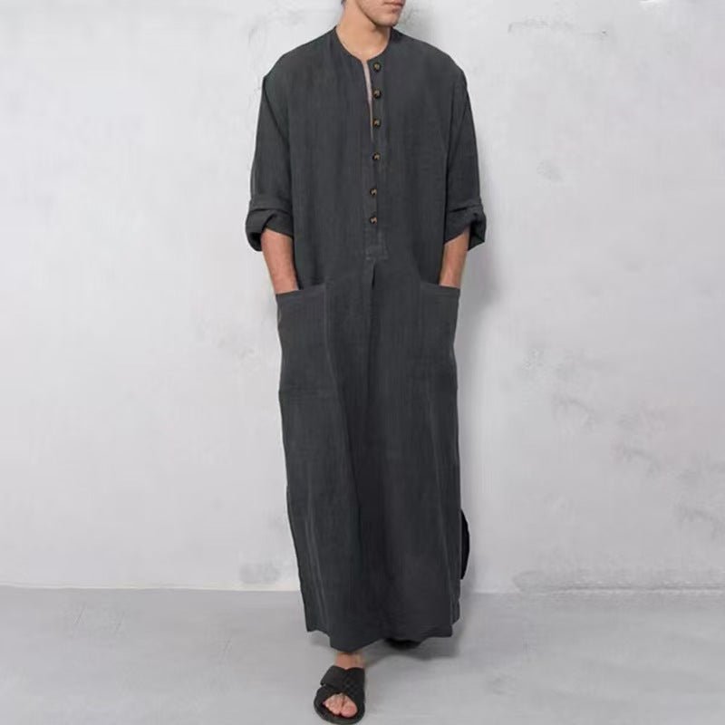 Effortless Linen Kaftan Robe for Women with Stand Collar Long Sleeve Button Front Relaxed Style