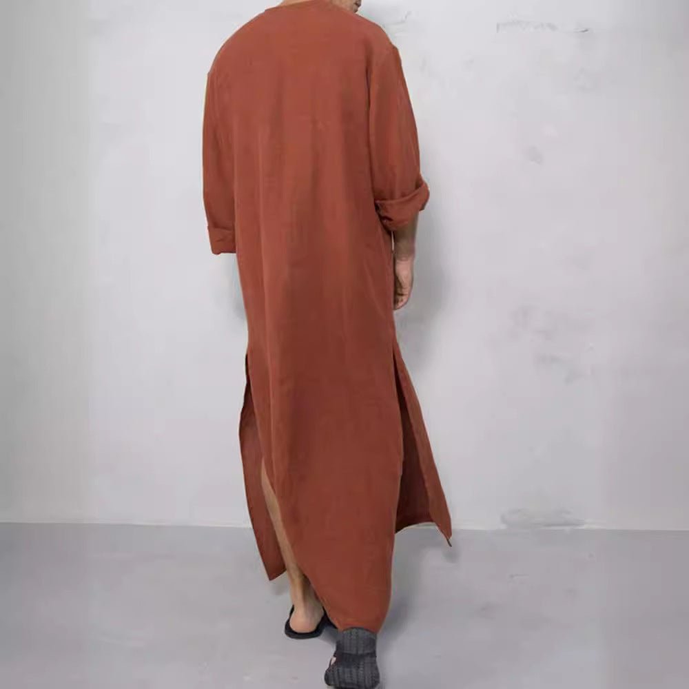 Effortless Linen Kaftan Robe for Women with Stand Collar Long Sleeve Button Front Relaxed Style