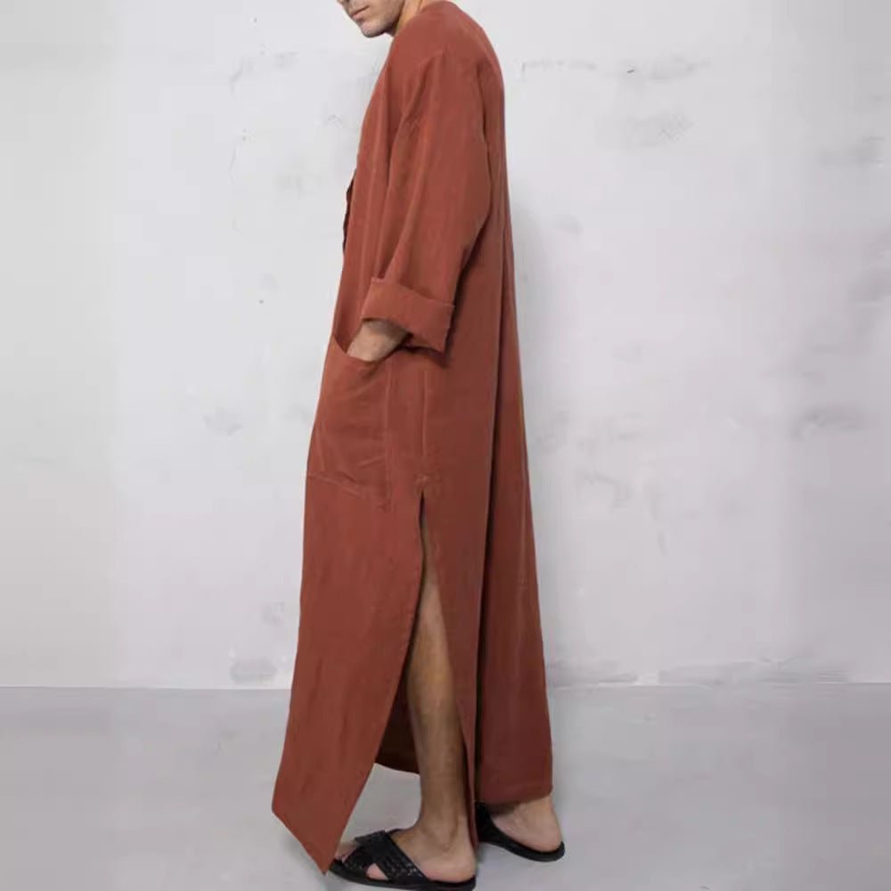 Effortless Linen Kaftan Robe for Women with Stand Collar Long Sleeve Button Front Relaxed Style