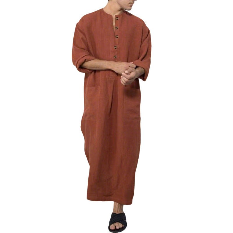 Effortless Linen Kaftan Robe for Women with Stand Collar Long Sleeve Button Front Relaxed Style