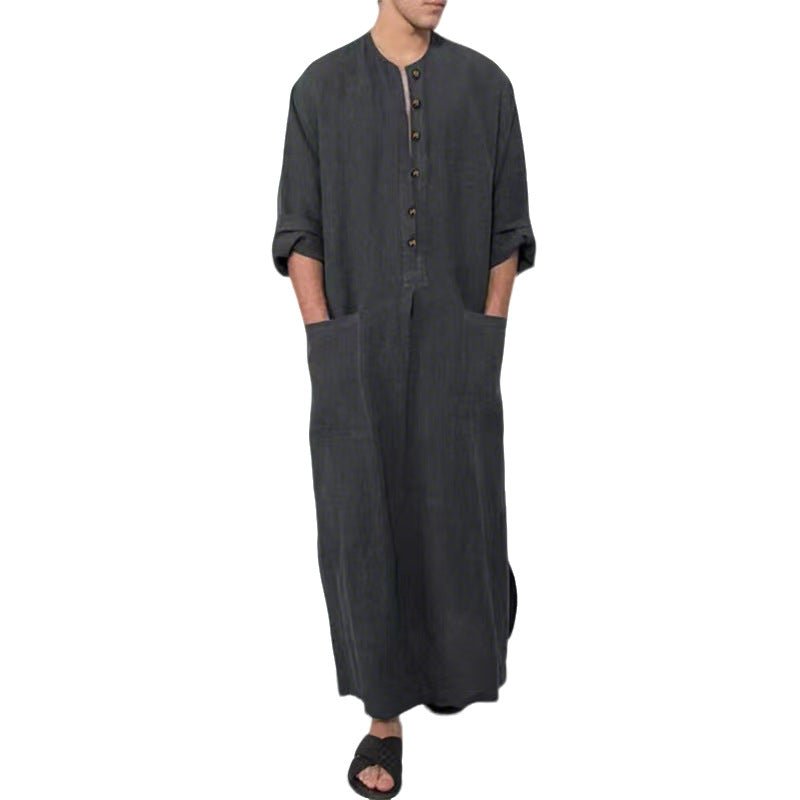 Effortless Linen Kaftan Robe for Women with Stand Collar Long Sleeve Button Front Relaxed Style