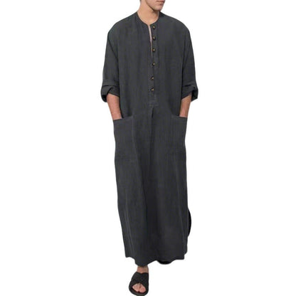 Effortless Linen Kaftan Robe for Women with Stand Collar Long Sleeve Button Front Relaxed Style