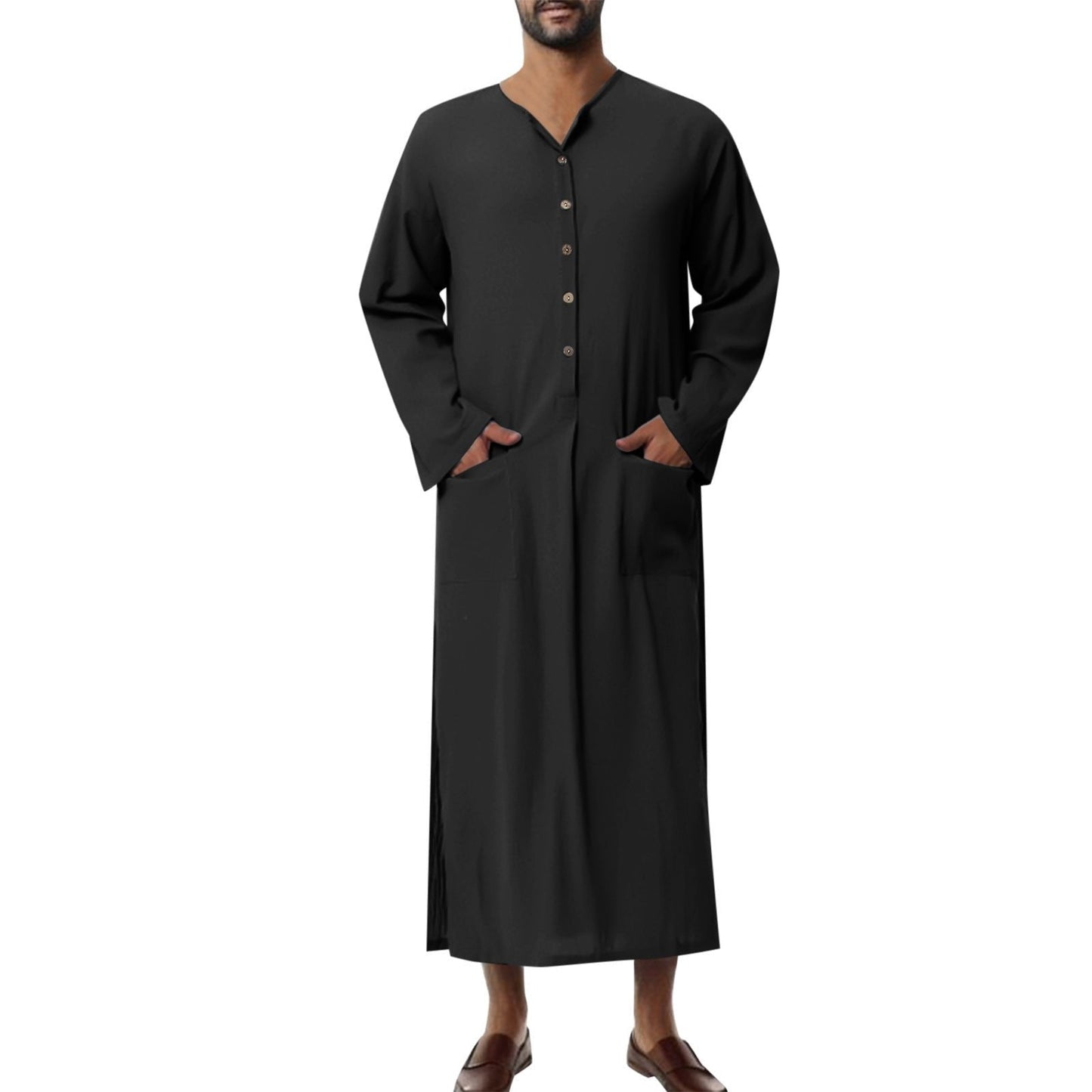 Effortless Linen Kaftan Robe for Women with Stand Collar Long Sleeve Button Front Relaxed Style