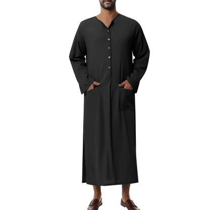 Effortless Linen Kaftan Robe for Women with Stand Collar Long Sleeve Button Front Relaxed Style