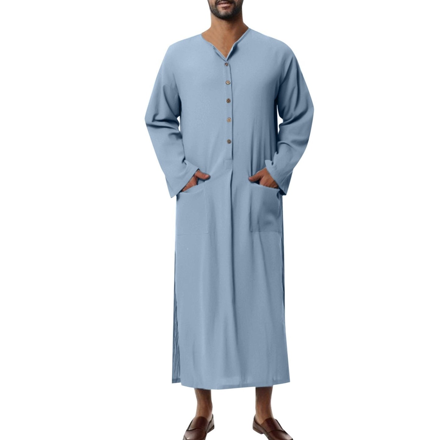 Effortless Linen Kaftan Robe for Women with Stand Collar Long Sleeve Button Front Relaxed Style