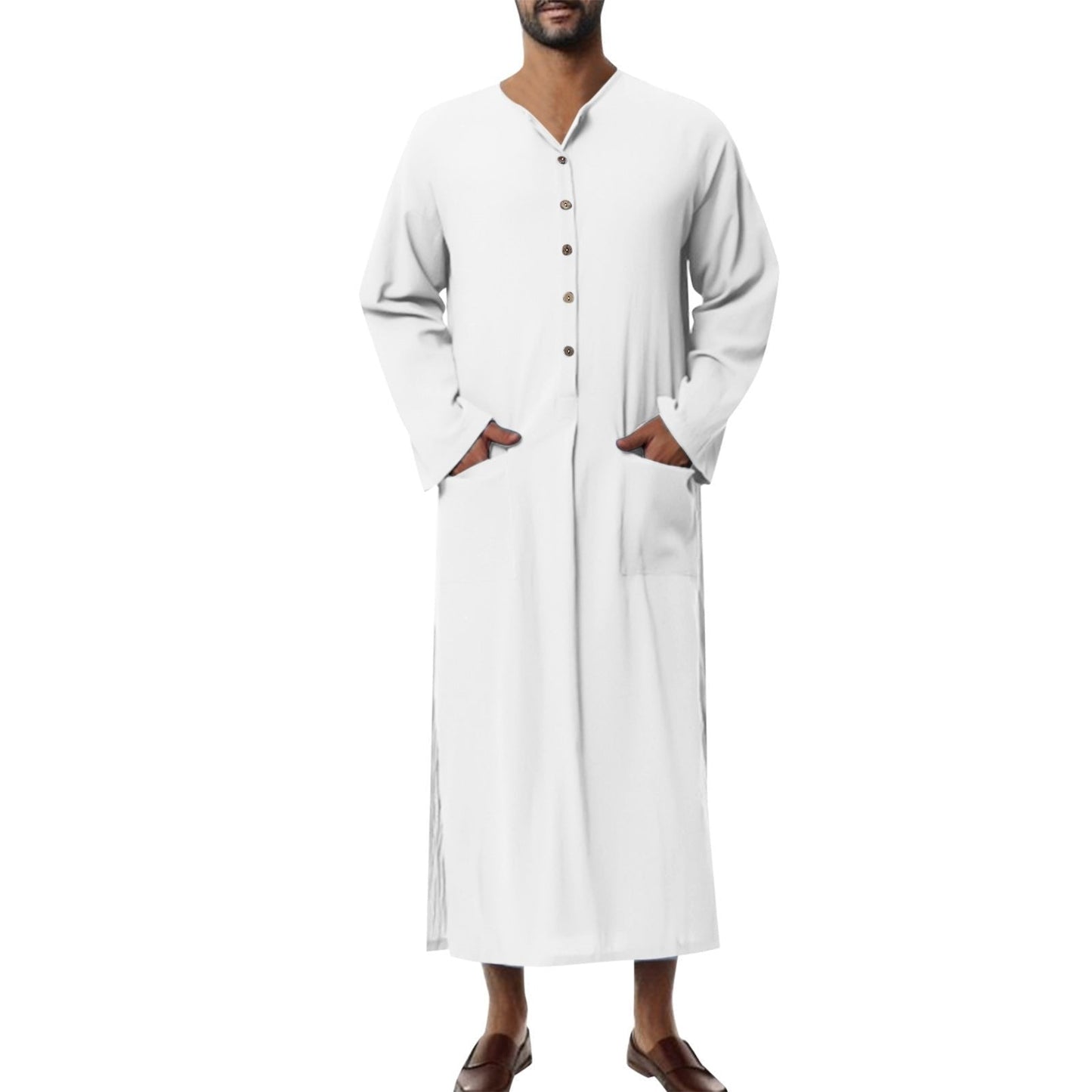 Effortless Linen Kaftan Robe for Women with Stand Collar Long Sleeve Button Front Relaxed Style