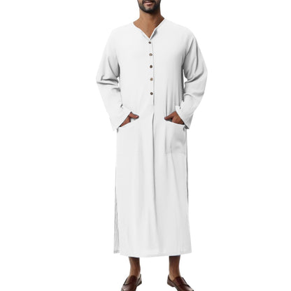 Effortless Linen Kaftan Robe for Women with Stand Collar Long Sleeve Button Front Relaxed Style