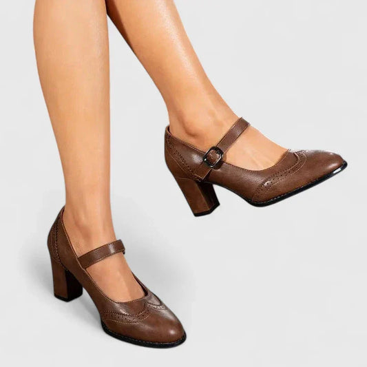 Elegant Leather Mary Jane Pumps for Women with Wingtip Brogue Buckle Strap Block Heel Style