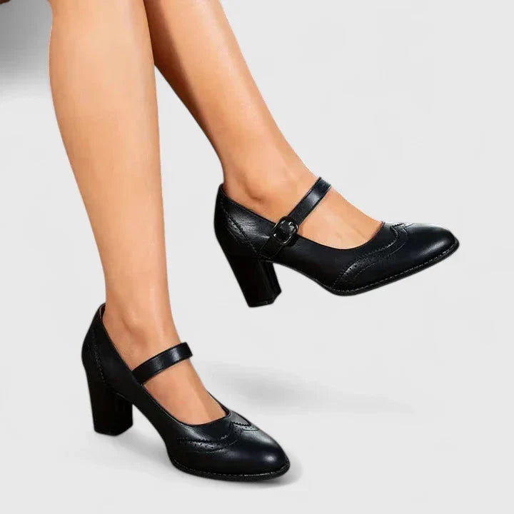 Elegant Leather Mary Jane Pumps for Women with Wingtip Brogue Buckle Strap Block Heel Style