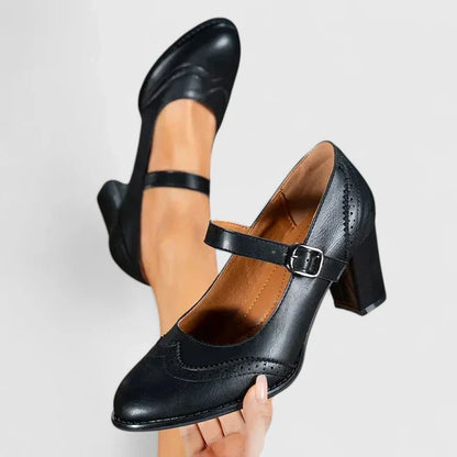 Elegant Leather Mary Jane Pumps for Women with Wingtip Brogue Buckle Strap Block Heel Style