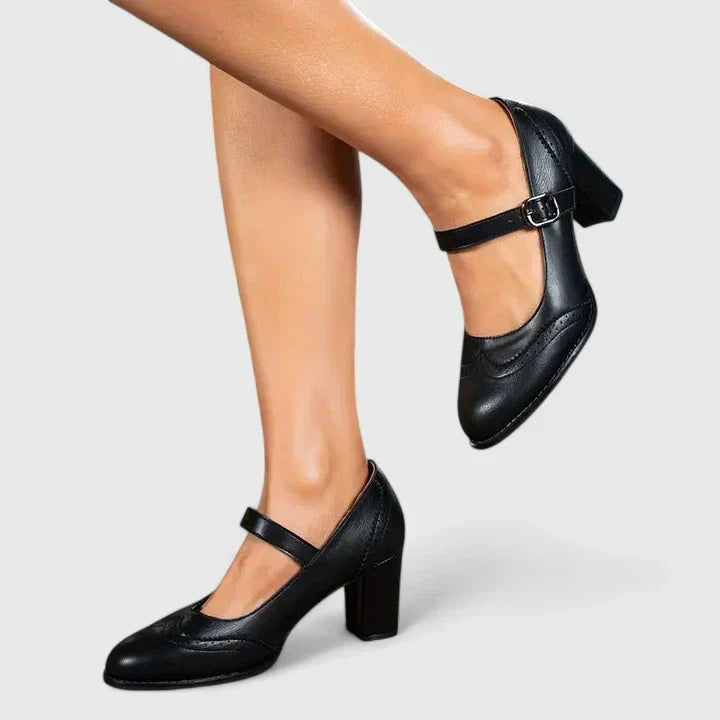 Elegant Leather Mary Jane Pumps for Women with Wingtip Brogue Buckle Strap Block Heel Style