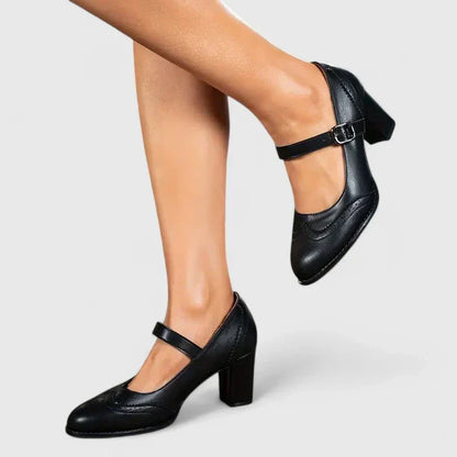 Elegant Leather Mary Jane Pumps for Women with Wingtip Brogue Buckle Strap Block Heel Style
