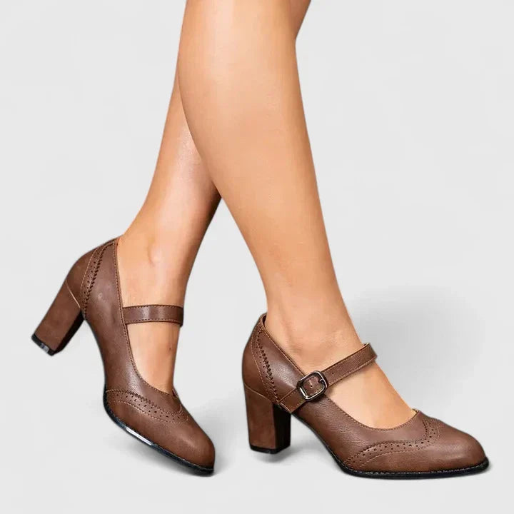 Elegant Leather Mary Jane Pumps for Women with Wingtip Brogue Buckle Strap Block Heel Style