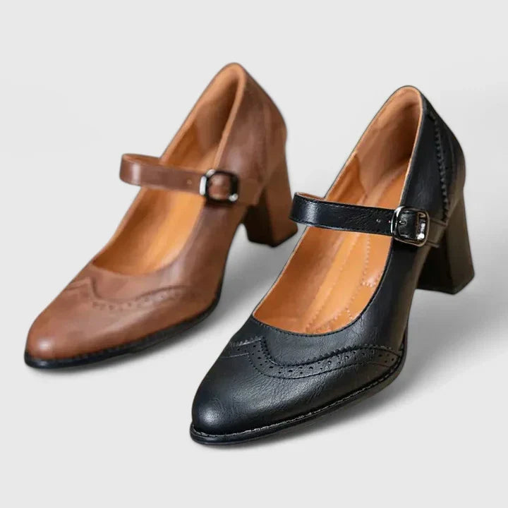 Elegant Leather Mary Jane Pumps for Women with Wingtip Brogue Buckle Strap Block Heel Style