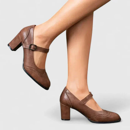 Elegant Leather Mary Jane Pumps for Women with Wingtip Brogue Buckle Strap Block Heel Style