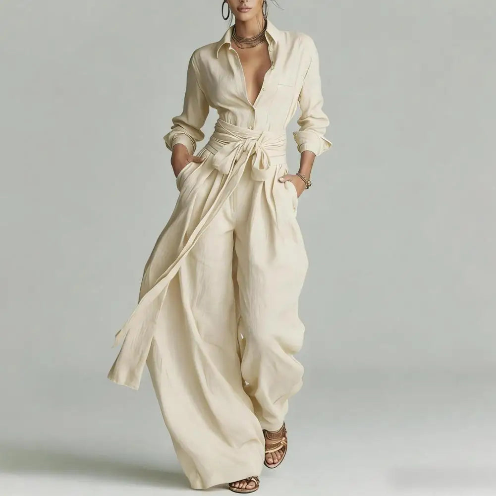 Effortless Linen Wide Leg Jumpsuit for Women with Collar Long Sleeve Button Front Tie Waist Relaxed Style