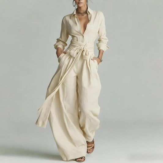 Effortless Linen Wide Leg Jumpsuit for Women with Collar Long Sleeve Button Front Tie Waist Relaxed Style