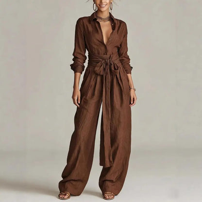 Effortless Linen Wide Leg Jumpsuit for Women with Collar Long Sleeve Button Front Tie Waist Relaxed Style