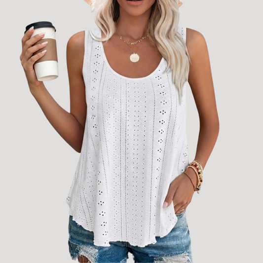Effortless Eyelet Blouse for Women with Scoop Neck Sleeveless Relaxed Flowing Tank Style