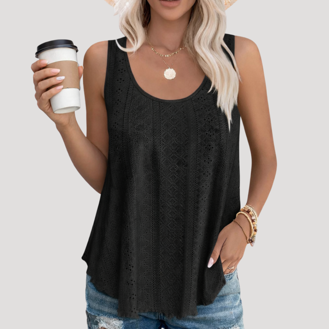 Effortless Eyelet Blouse for Women with Scoop Neck Sleeveless Relaxed Flowing Tank Style