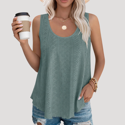 Effortless Eyelet Blouse for Women with Scoop Neck Sleeveless Relaxed Flowing Tank Style
