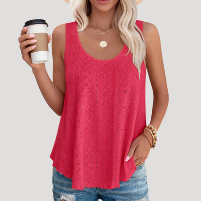 Effortless Eyelet Blouse for Women with Scoop Neck Sleeveless Relaxed Flowing Tank Style