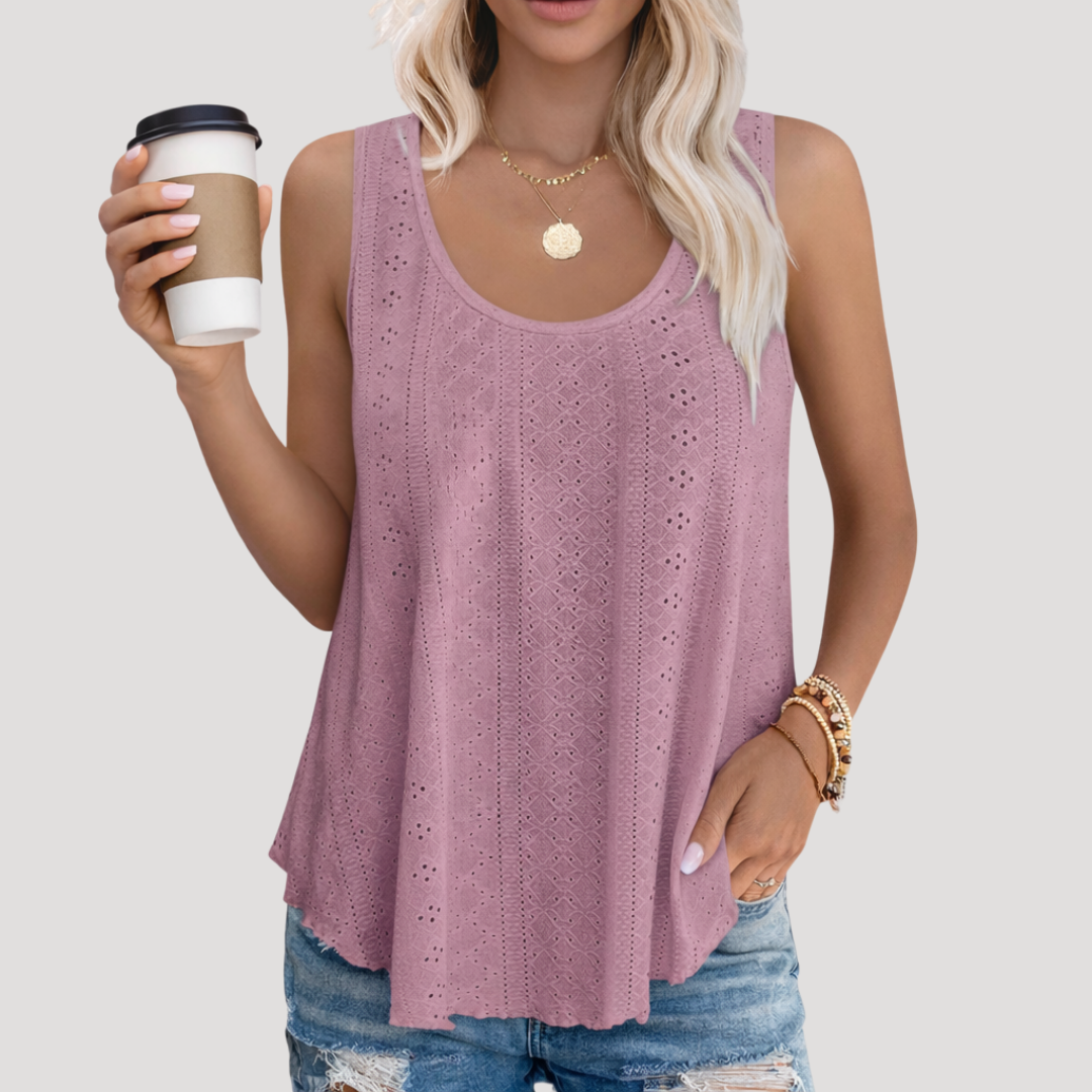 Effortless Eyelet Blouse for Women with Scoop Neck Sleeveless Relaxed Flowing Tank Style