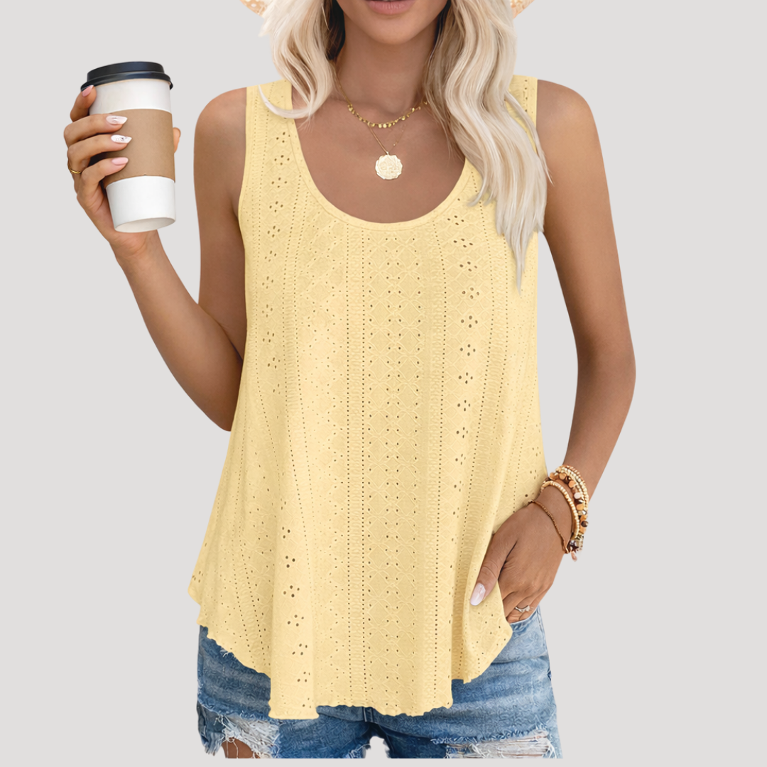Effortless Eyelet Blouse for Women with Scoop Neck Sleeveless Relaxed Flowing Tank Style