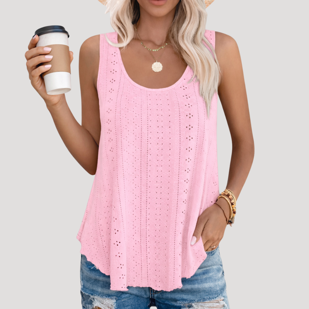 Effortless Eyelet Blouse for Women with Scoop Neck Sleeveless Relaxed Flowing Tank Style